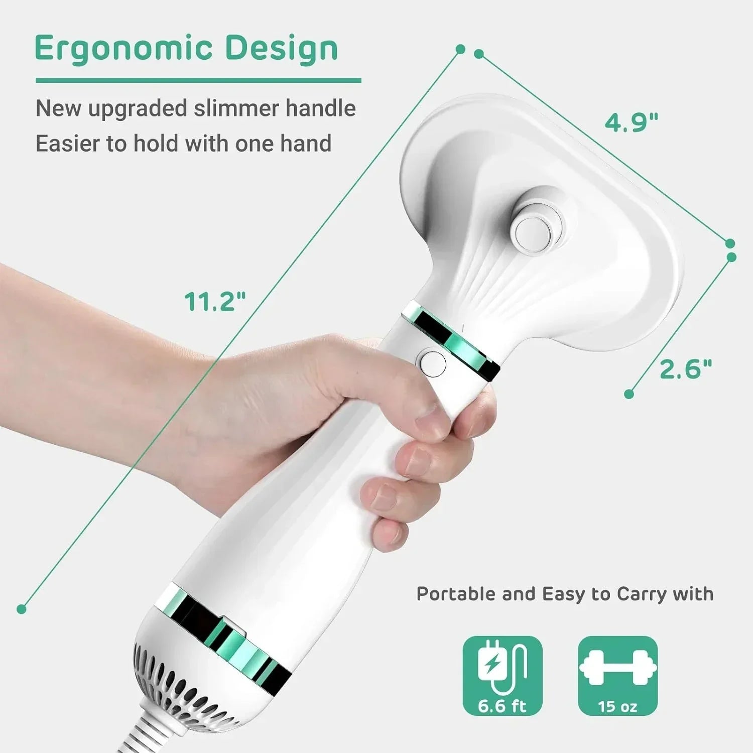 Hand holding a white ergonomic handheld device with a slim handle, modern design, and measurement details.