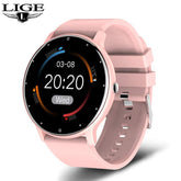 Lige Smartwatch pink touchscreen fitness watch with silicone strap and health tracking features
