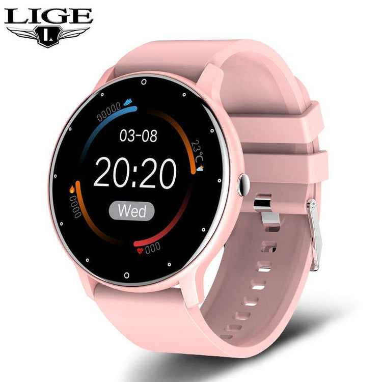 Lige Smartwatch pink touchscreen fitness watch with silicone strap and health tracking features