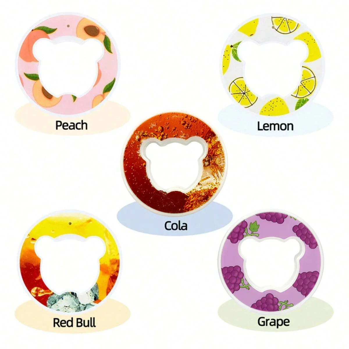 Round bear-shaped phone grips in peach, lemon, cola, red bull, and grape designs