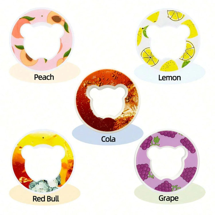 Round bear-shaped phone grips in peach, lemon, cola, red bull, and grape designs