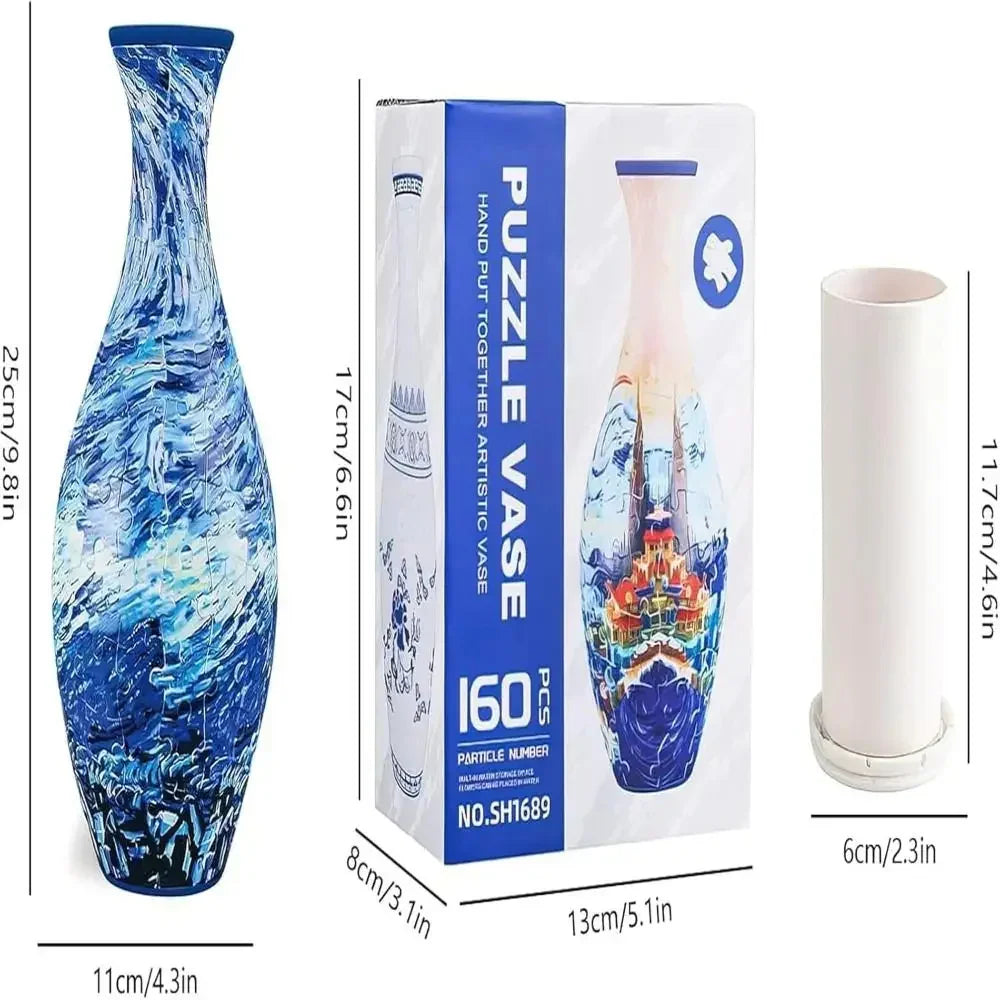 Blue artistic puzzle vase with abstract pattern, packaging box, and vase insert with measurements.