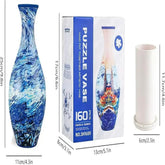 Blue artistic puzzle vase with abstract pattern, packaging box, and vase insert with measurements.