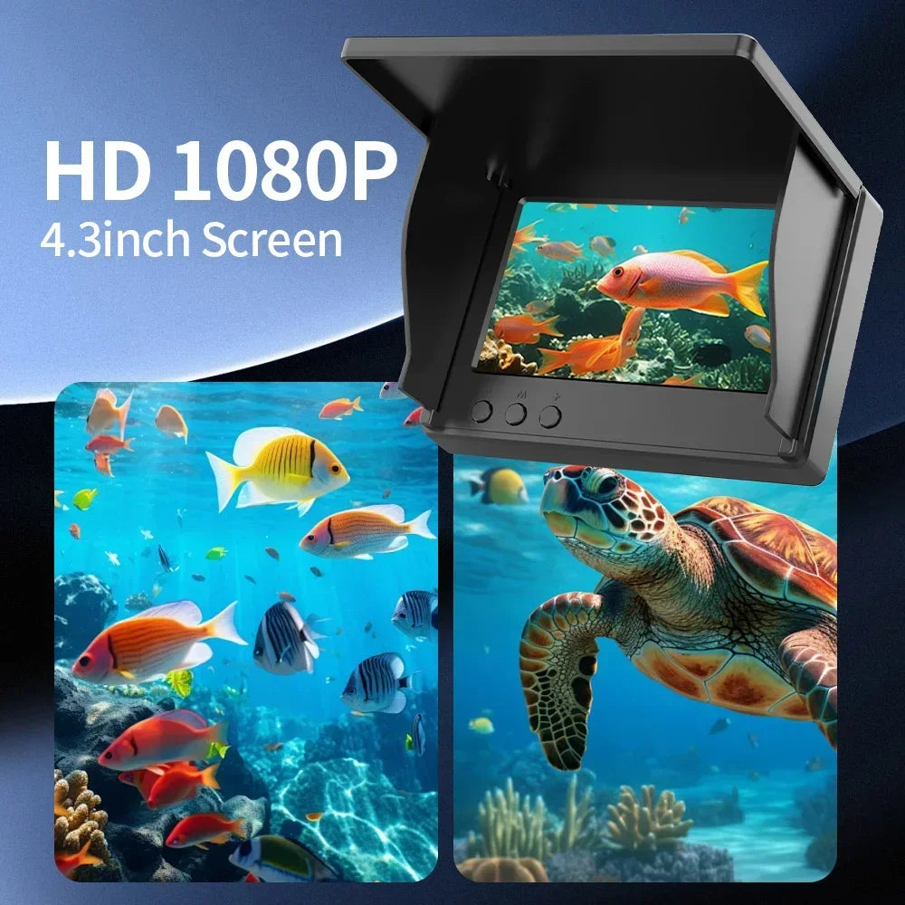 HD 1080P 4.3 inch screen underwater camera display showing vibrant ocean fish and sea turtle.