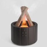 Modern black tabletop humidifier with faux wood logs and simulated flame effect