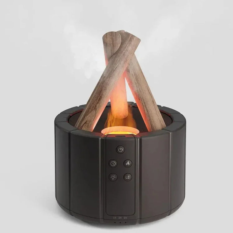 Modern black tabletop humidifier with faux wood logs and simulated flame effect