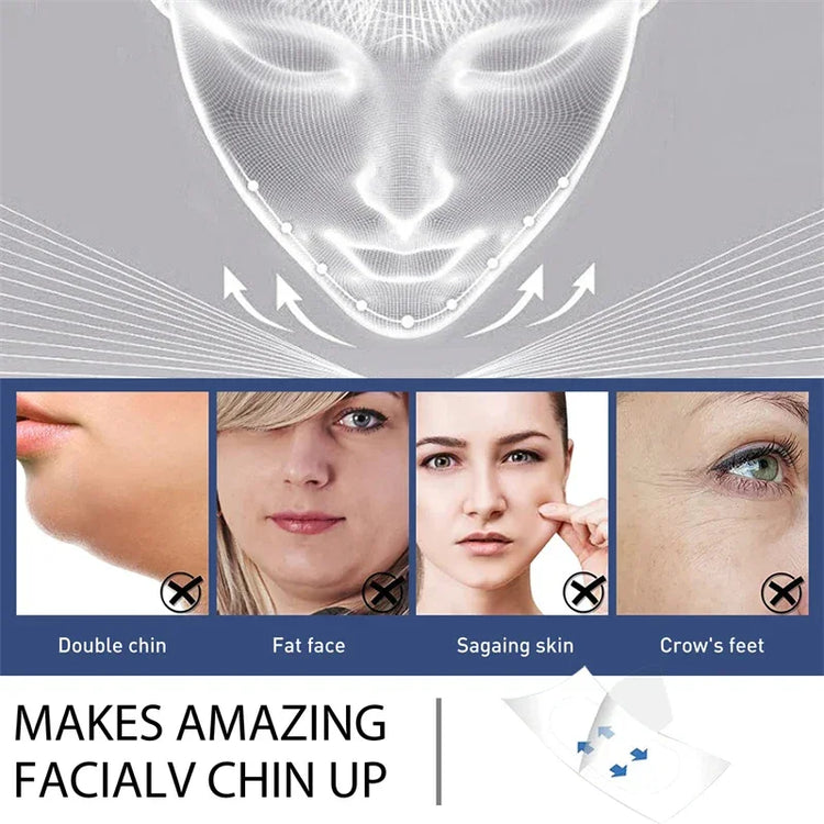 Facial lifting product targeting double chin, sagging skin, and facial slimming, with before and after visuals.