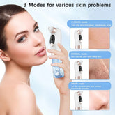Woman using white electronic pore vacuum on face, with device modes for skin care shown.