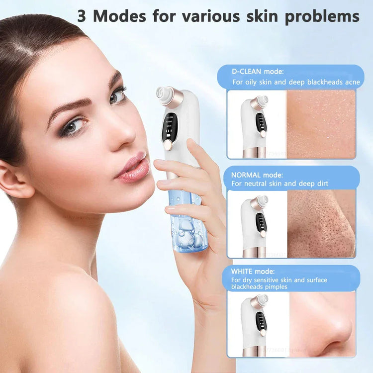 Woman using white electronic pore vacuum on face, with device modes for skin care shown.