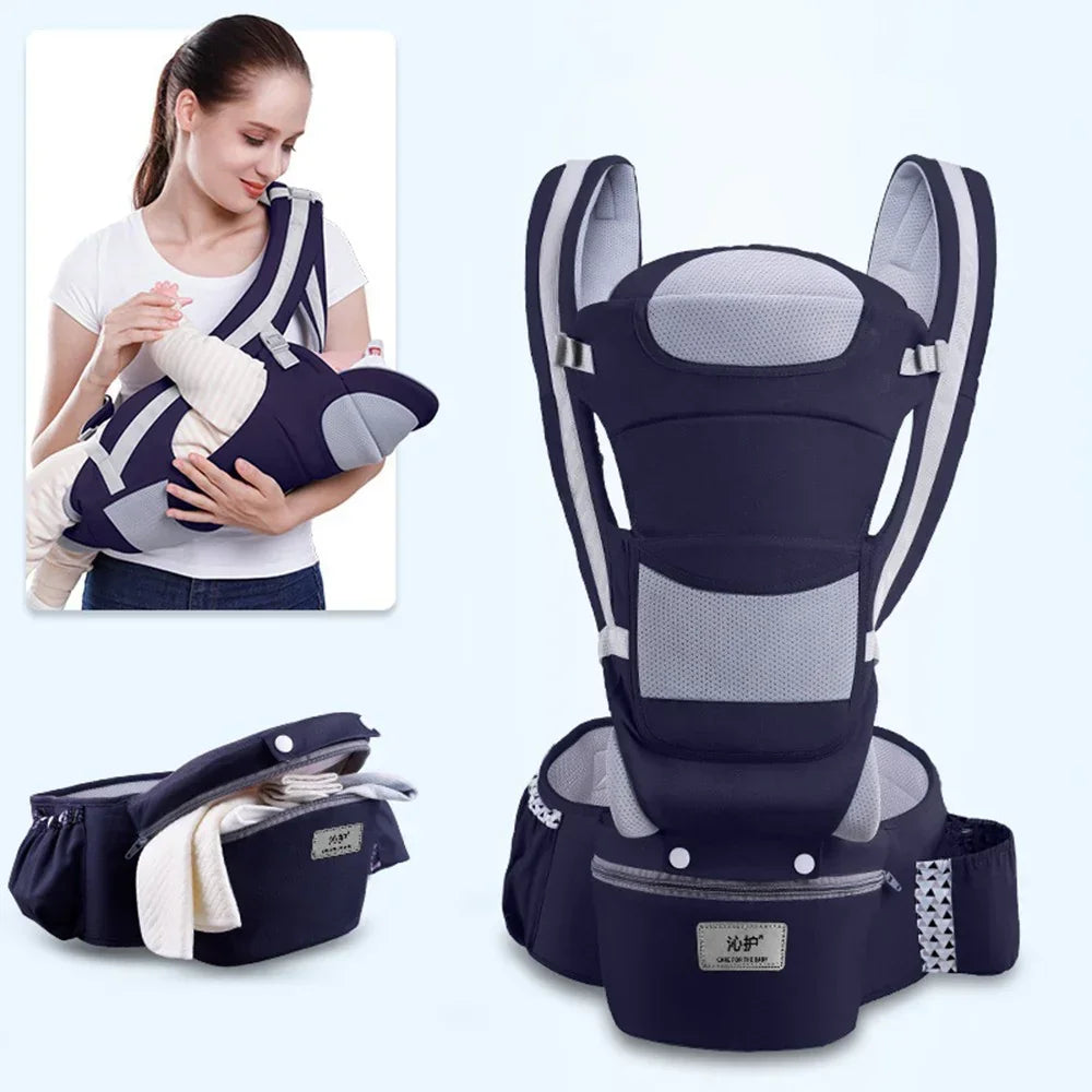 Navy blue and gray ergonomic baby carrier with adjustable straps and breathable mesh material
