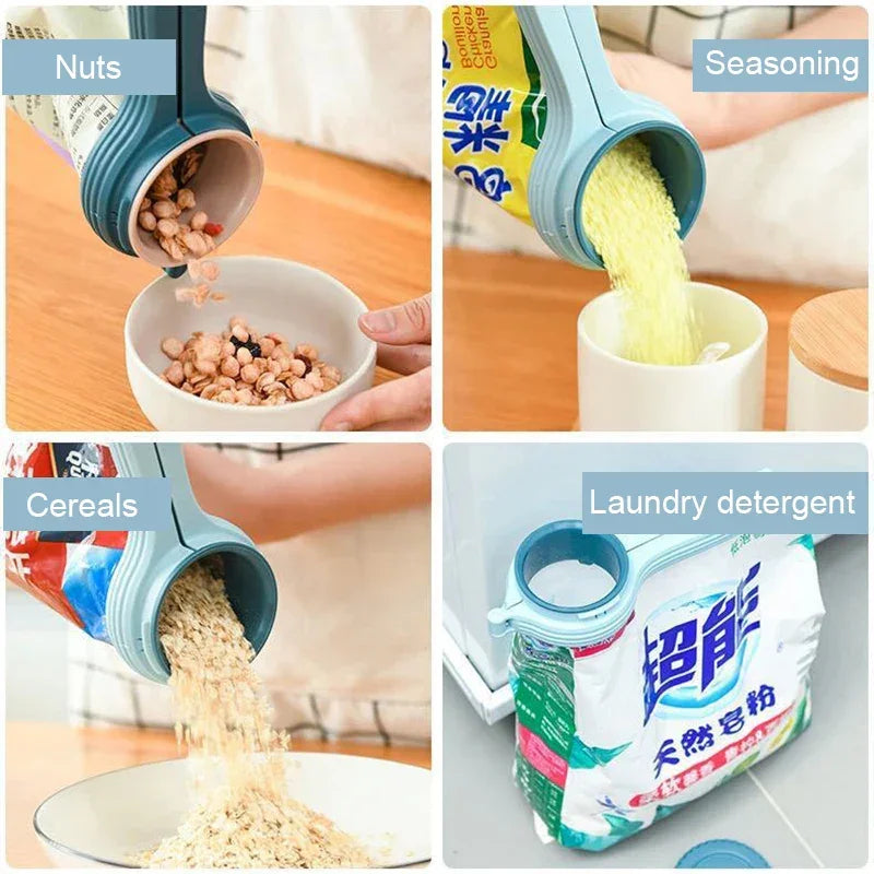 Plastic pour spout attachment on bags dispensing nuts, cereals, seasoning, and laundry detergent.