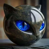Sculpted cat head with glossy dark stone finish and vivid blue gemstone eyes