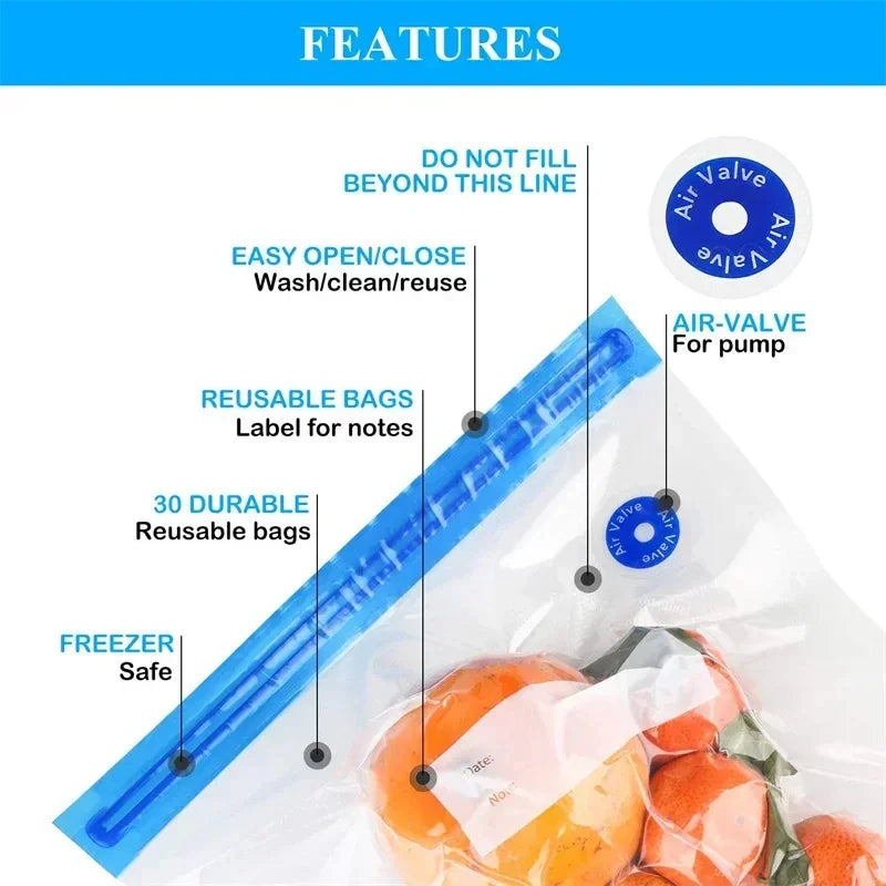 Reusable vacuum seal storage bag with blue air valve, clear design, and fresh produce inside.