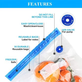 Reusable vacuum seal storage bag with blue air valve, clear design, and fresh produce inside.