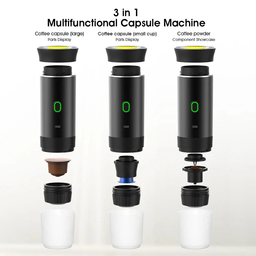 Three black portable coffee capsule machines with modular parts for large, small cups, and ground coffee.