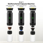 Three black portable coffee capsule machines with modular parts for large, small cups, and ground coffee.