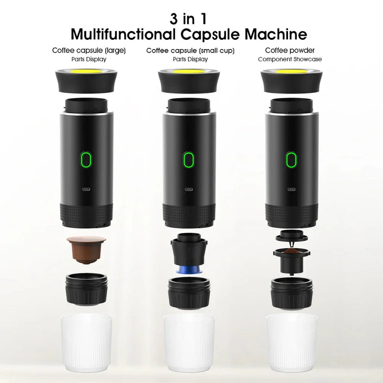 Three black portable coffee capsule machines with modular parts for large, small cups, and ground coffee.
