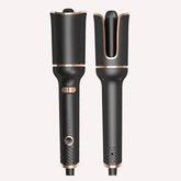 Black automatic hair curler with gold accents, modern sleek design, cordless styling tool