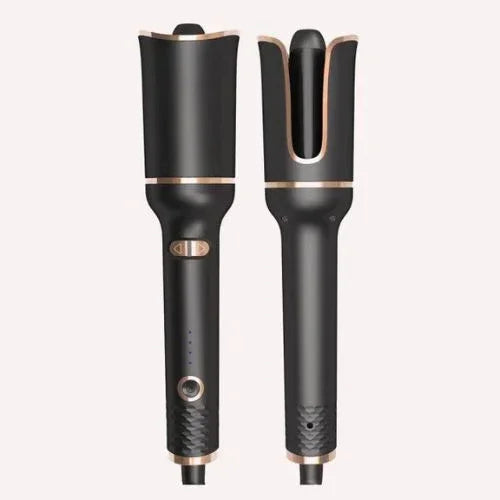 Black automatic hair curler with gold accents, modern sleek design, cordless styling tool