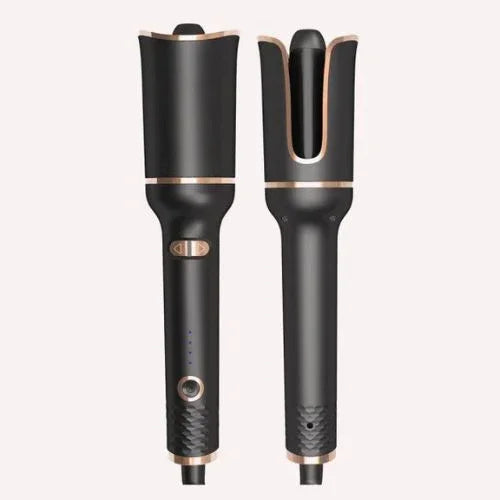 Black automatic hair curler with gold accents, modern sleek design, cordless styling tool