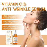 Woman with clear skin applying serum, orange and white color theme, highlighting skincare product