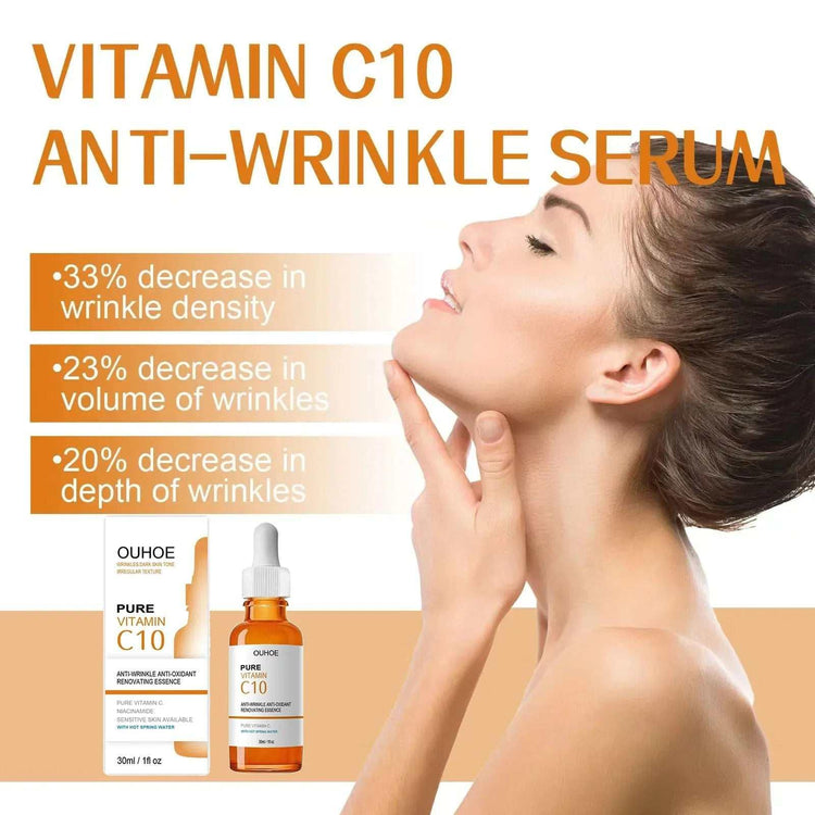 Woman with clear skin applying serum, orange and white color theme, highlighting skincare product