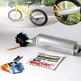Silver mock exhaust pipe and stickers for bicycle, toy bike accessory kit on display.