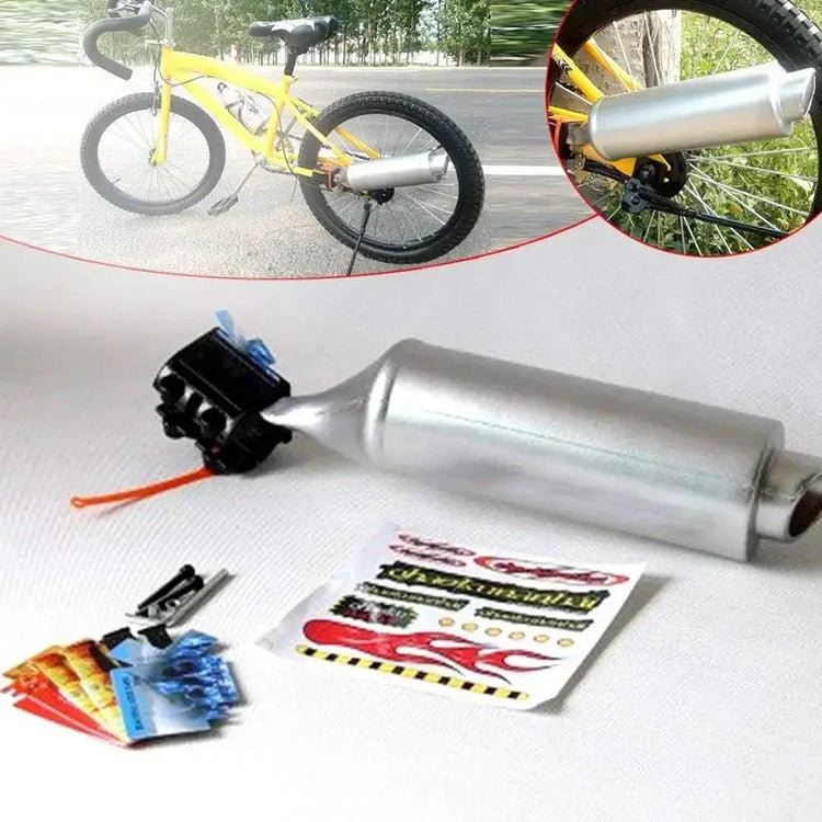 Silver mock exhaust pipe and stickers for bicycle, toy bike accessory kit on display.