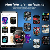 Futuristic smartwatch with rugged metal case, black strap, and multiple colorful digital dial options displayed on a phone screen.
