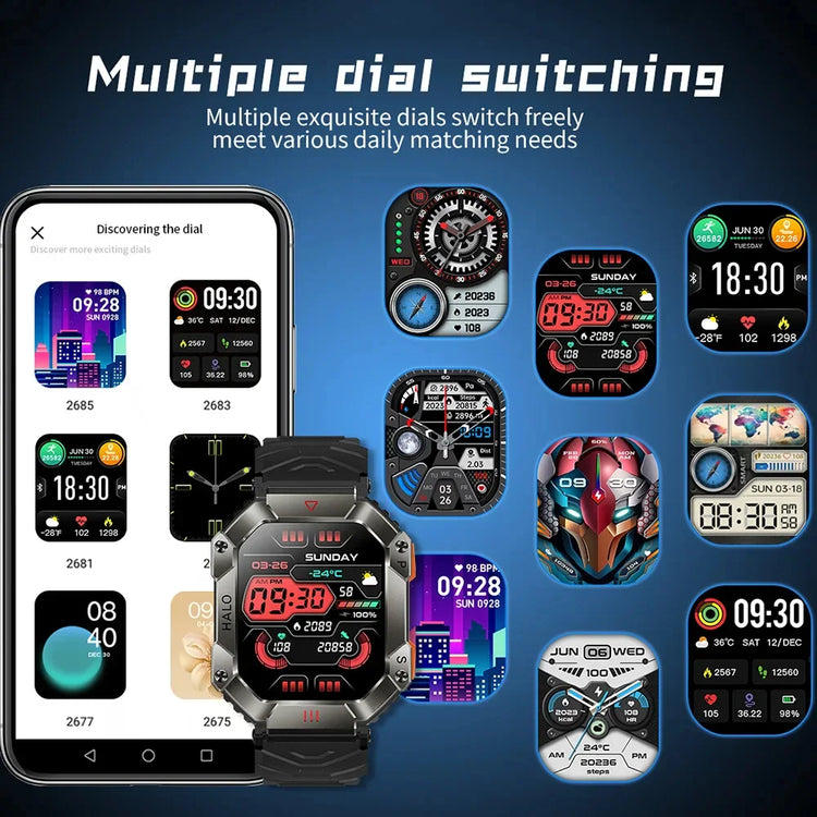 Futuristic smartwatch with rugged metal case, black strap, and multiple colorful digital dial options displayed on a phone screen.