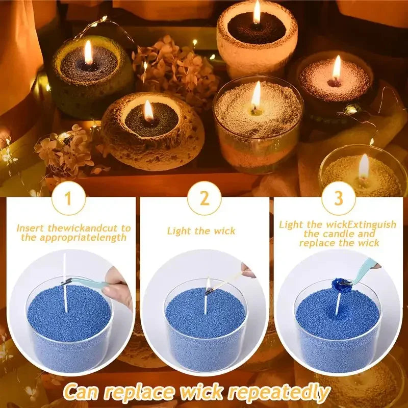 Decorative candles with replaceable wicks, shown in glass holders with blue granules.