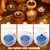 Decorative candles with replaceable wicks, shown in glass holders with blue granules.
