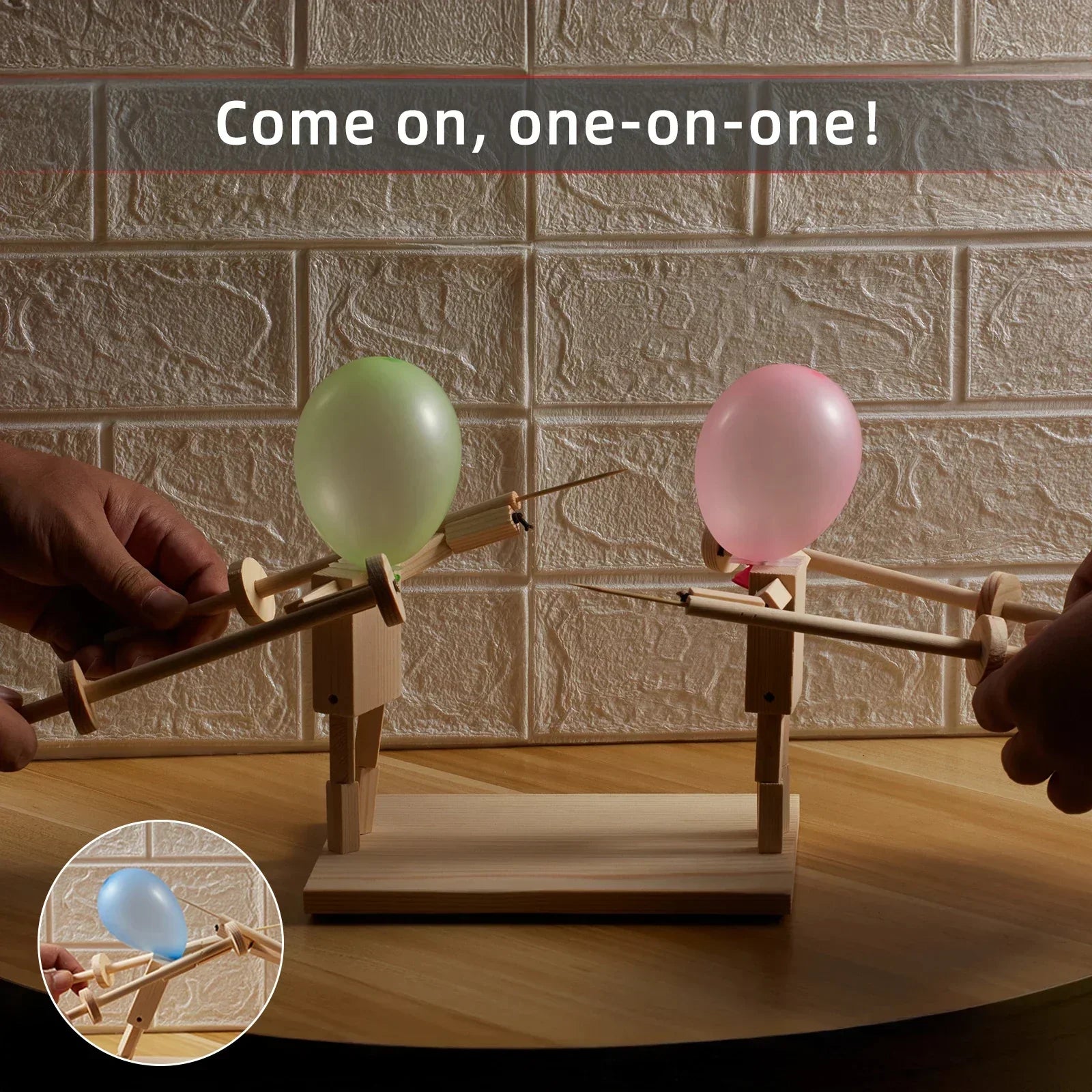 Wooden tabletop jousting game with balloons, two players using stick lances, indoor setup.