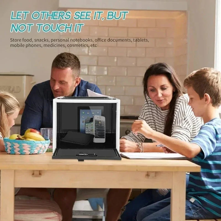 Modern family sitting at kitchen table with a secure, transparent phone and tablet storage box in focus.