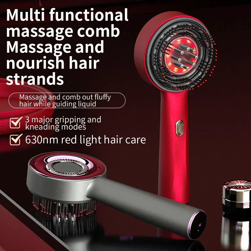 Red and black multifunctional massage comb with LED lights for hair care, ergonomic handle.