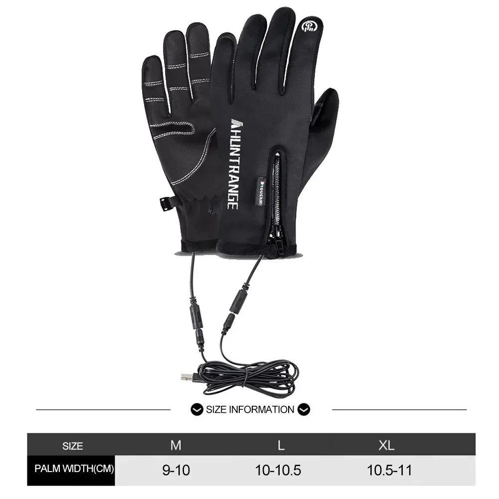 Black heated gloves with zipper, USB cable, and reinforced palm, available in multiple sizes.
