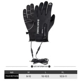 Black heated gloves with zipper, USB cable, and reinforced palm, available in multiple sizes.