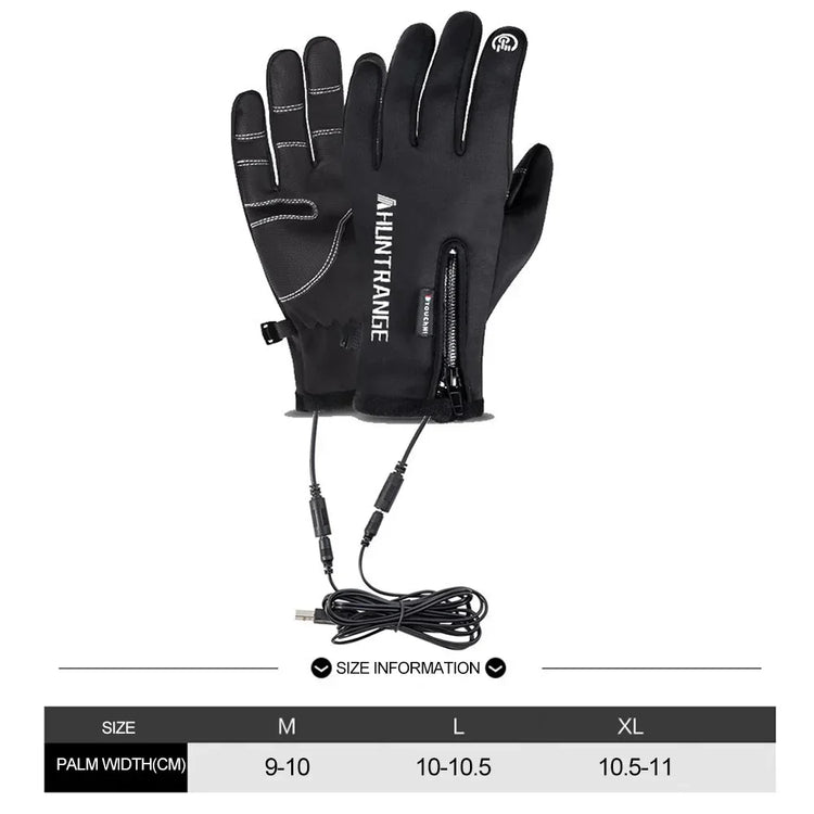 Black heated gloves with zipper, USB cable, and reinforced palm, available in multiple sizes.