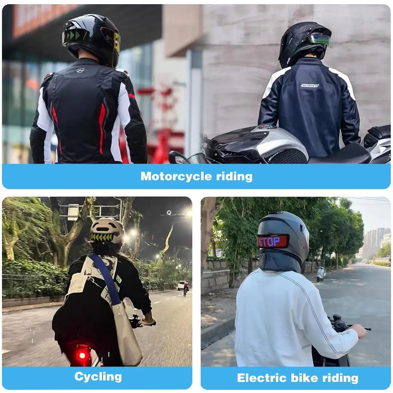 Men and women wearing black and white streetwear jackets and helmets while riding motorcycles, bicycles, and electric bikes outdoors.