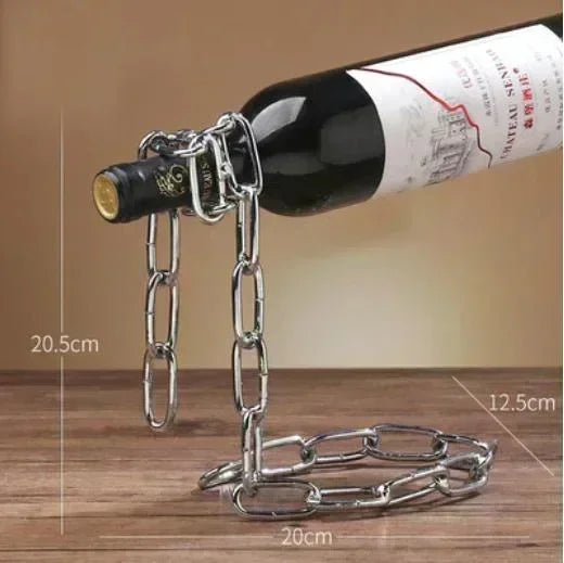 Floating chain wine bottle holder in metallic finish, modern bar decor accessory