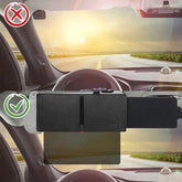 Car interior with black sun visor extender blocking sunlight, adjustable design for glare reduction.