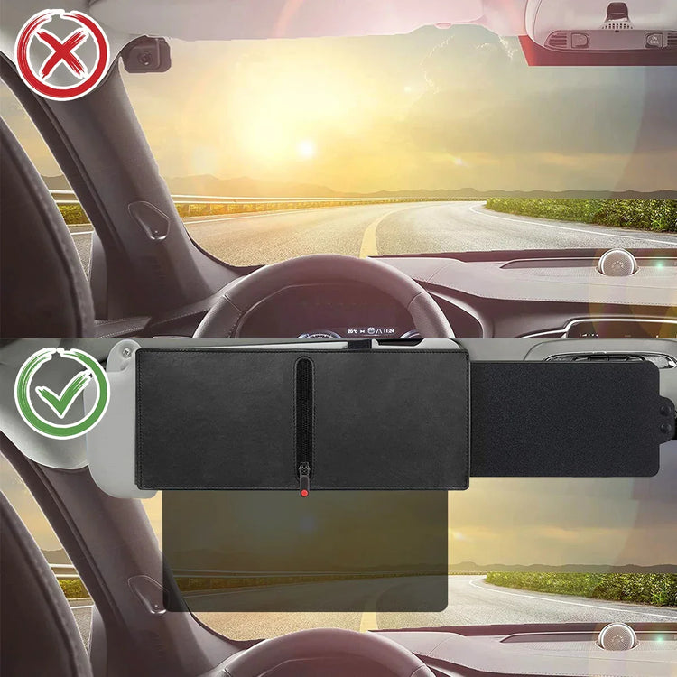 Car interior with black sun visor extender blocking sunlight, adjustable design for glare reduction.