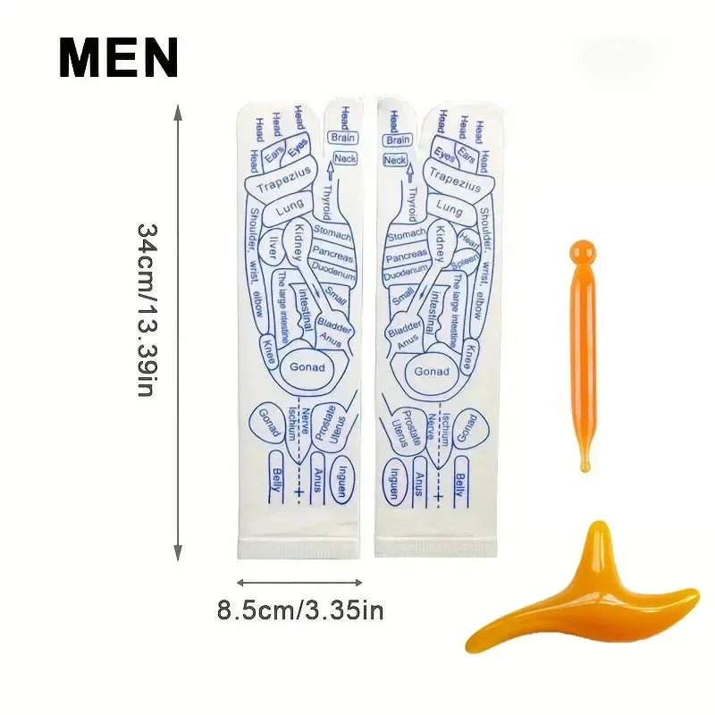 Two white anatomical acupressure leg patches with blue diagram, orange massage tools, men's design