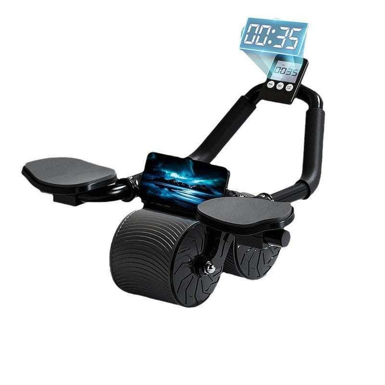 Black ab roller with dual wheels, digital timer display, and ergonomic padded handles