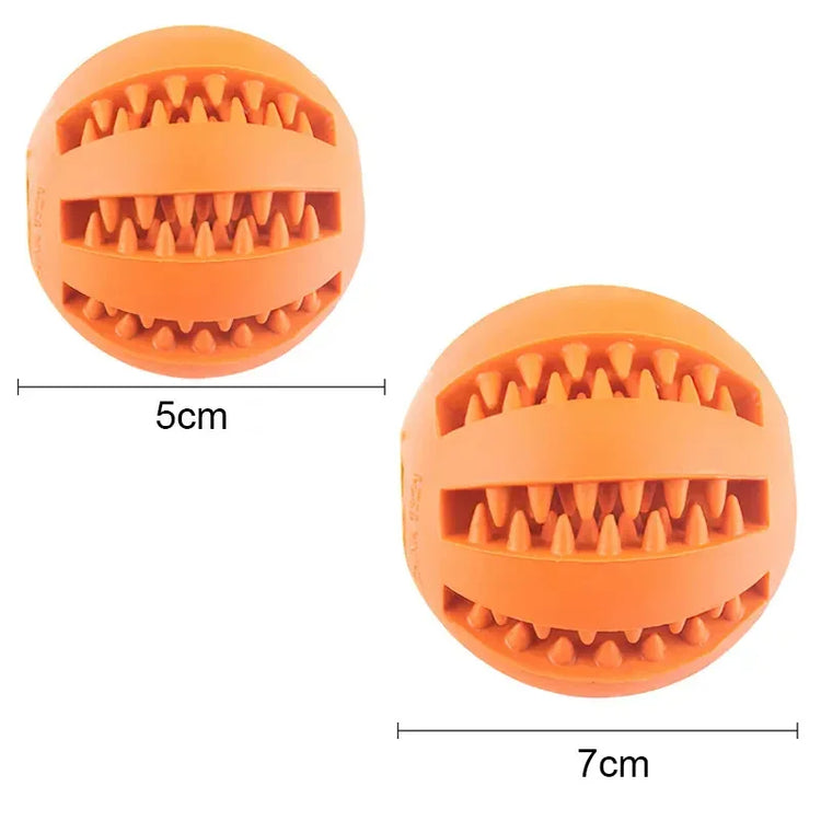 Two orange rubber spiked balls in 5cm and 7cm sizes, durable pet chew toy design.