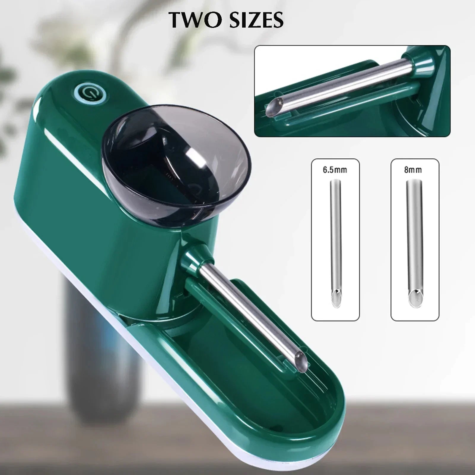 Green automatic kitchen tool with two stainless steel tube sizes, 6.5mm and 8mm.
