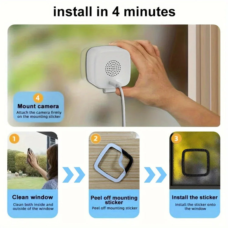 Step-by-step window camera installation guide with hand mounting compact, white security camera.
