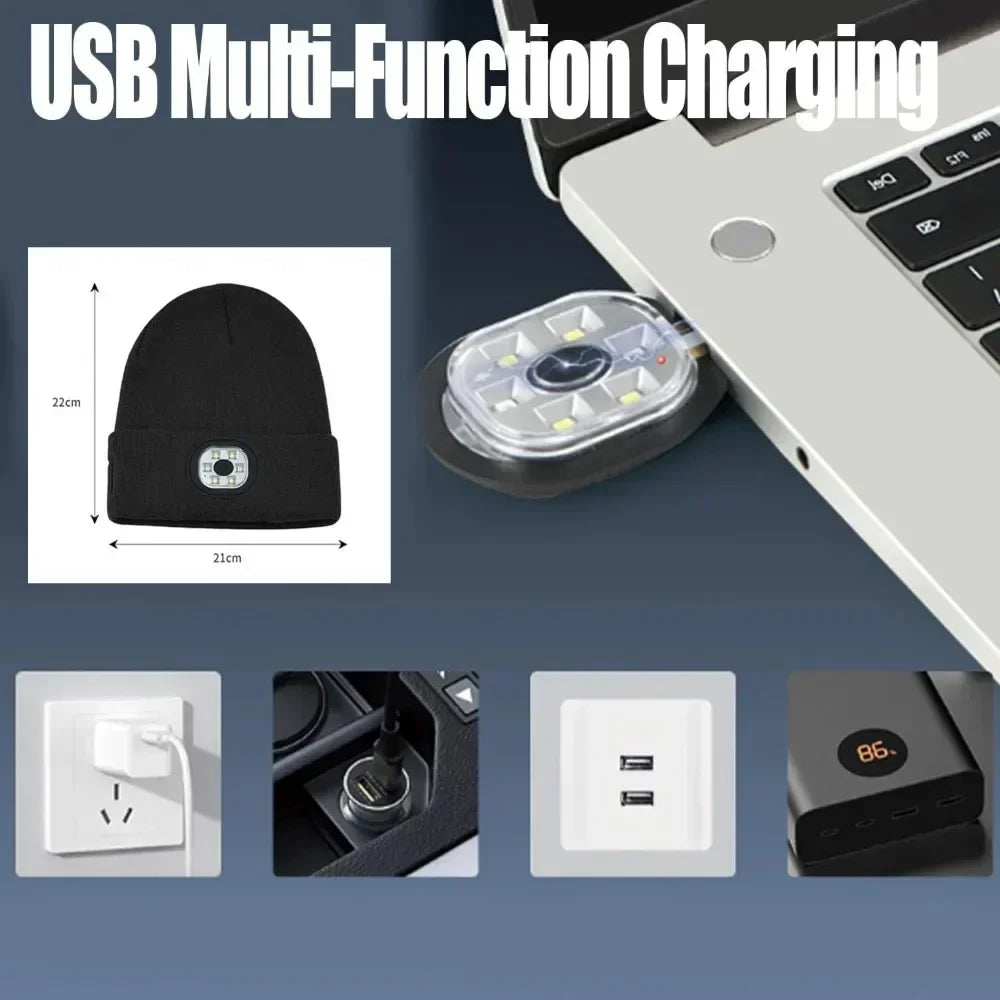 Black knit beanie with built-in LED light, USB rechargeable, unisex, 22x21cm, streetwear style