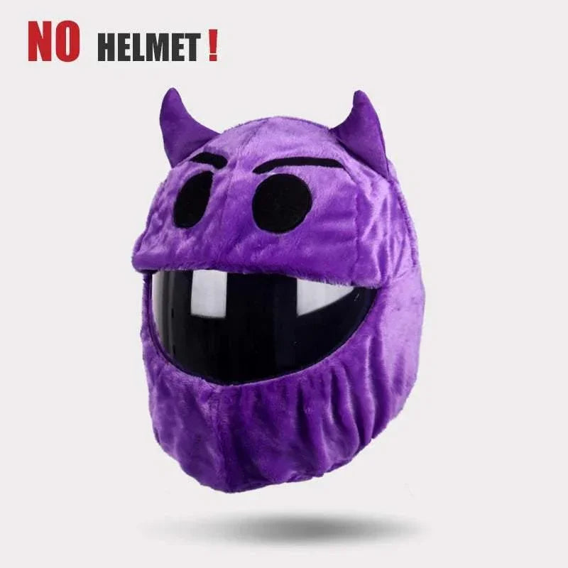 Purple plush devil-style helmet cover with black visor, cartoon eyes, and horn accents.