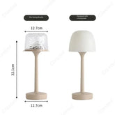 Modern beige table lamp with and without removable lampshade, showing dimensions and materials